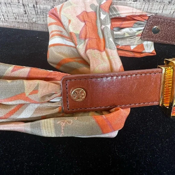 Tory Burch Brown and Gold Belt with Orange Scarf Accent - Picture 5 of 7